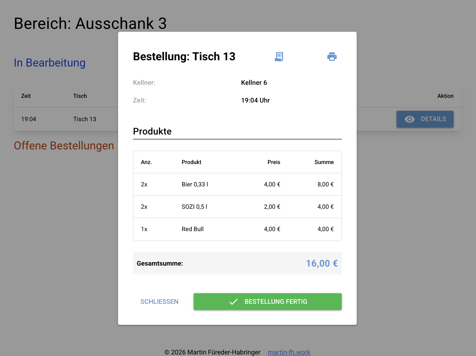 Ausschank Bestellung übernehmen